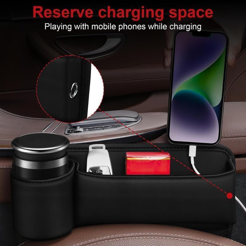 PU Leather Seat Gap Organizer with Cup Holder & Storage