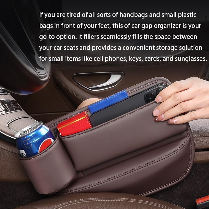 PU Leather Seat Gap Organizer with Cup Holder & Storage