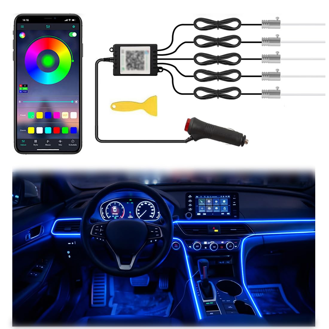 5-in-1 App-Controlled LED Strip Lights for Car Interiors