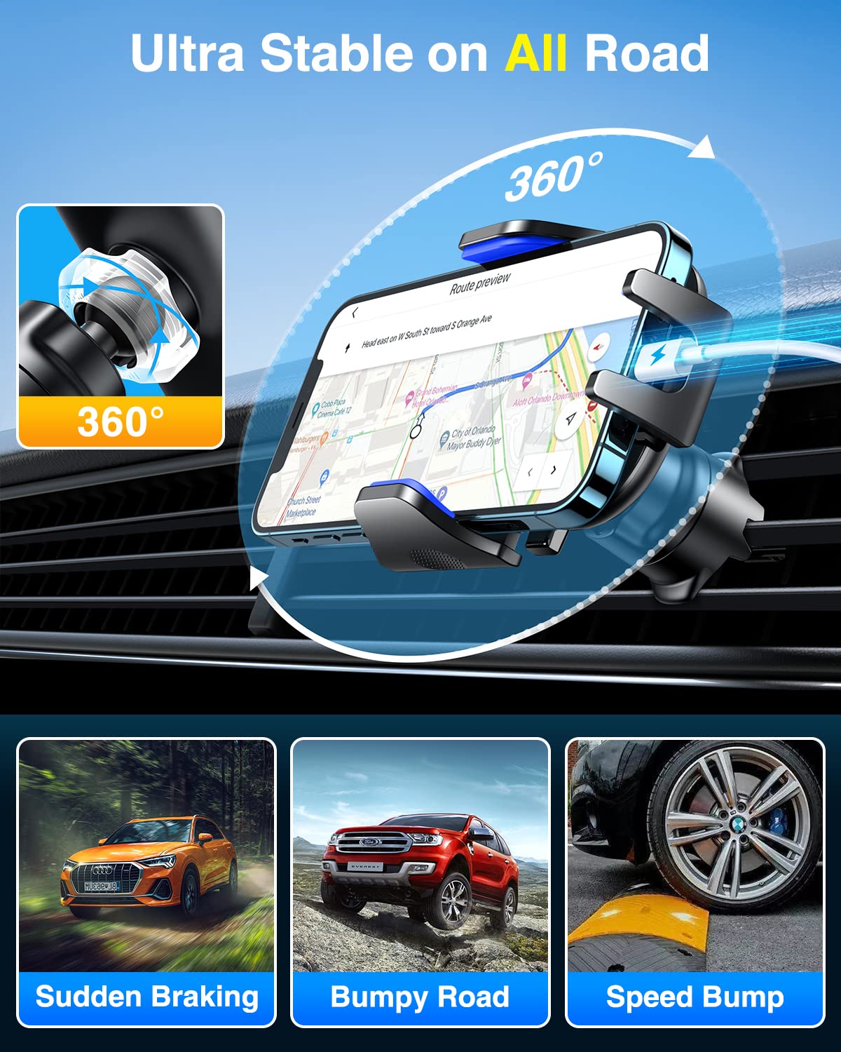 Military-Grade Car Phone Mount for Dashboard, Vent & Windshield