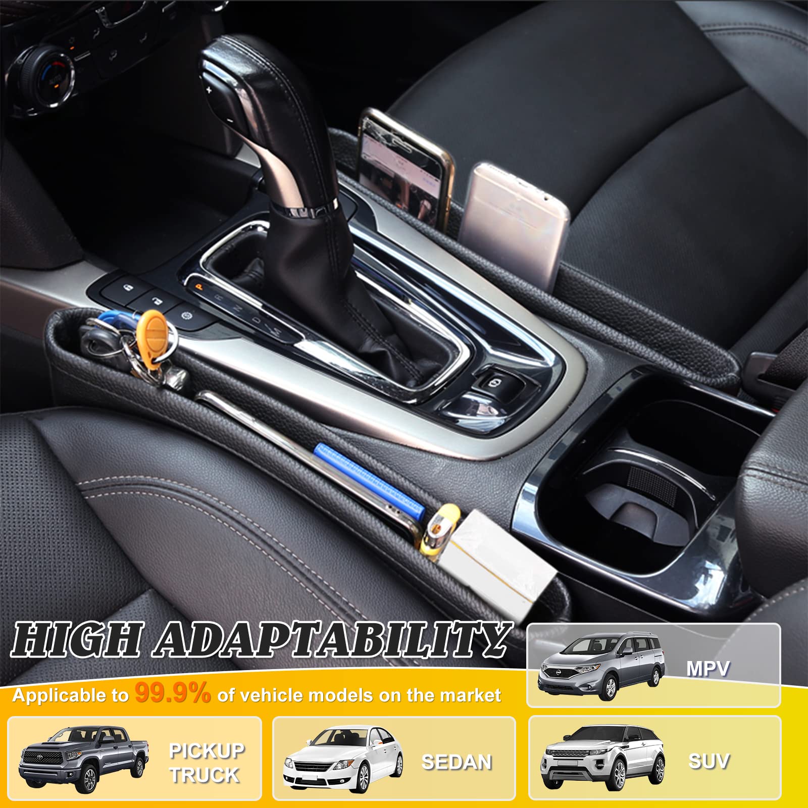 2-Pack Leather Car Seat Gap Organizers with Side Storage