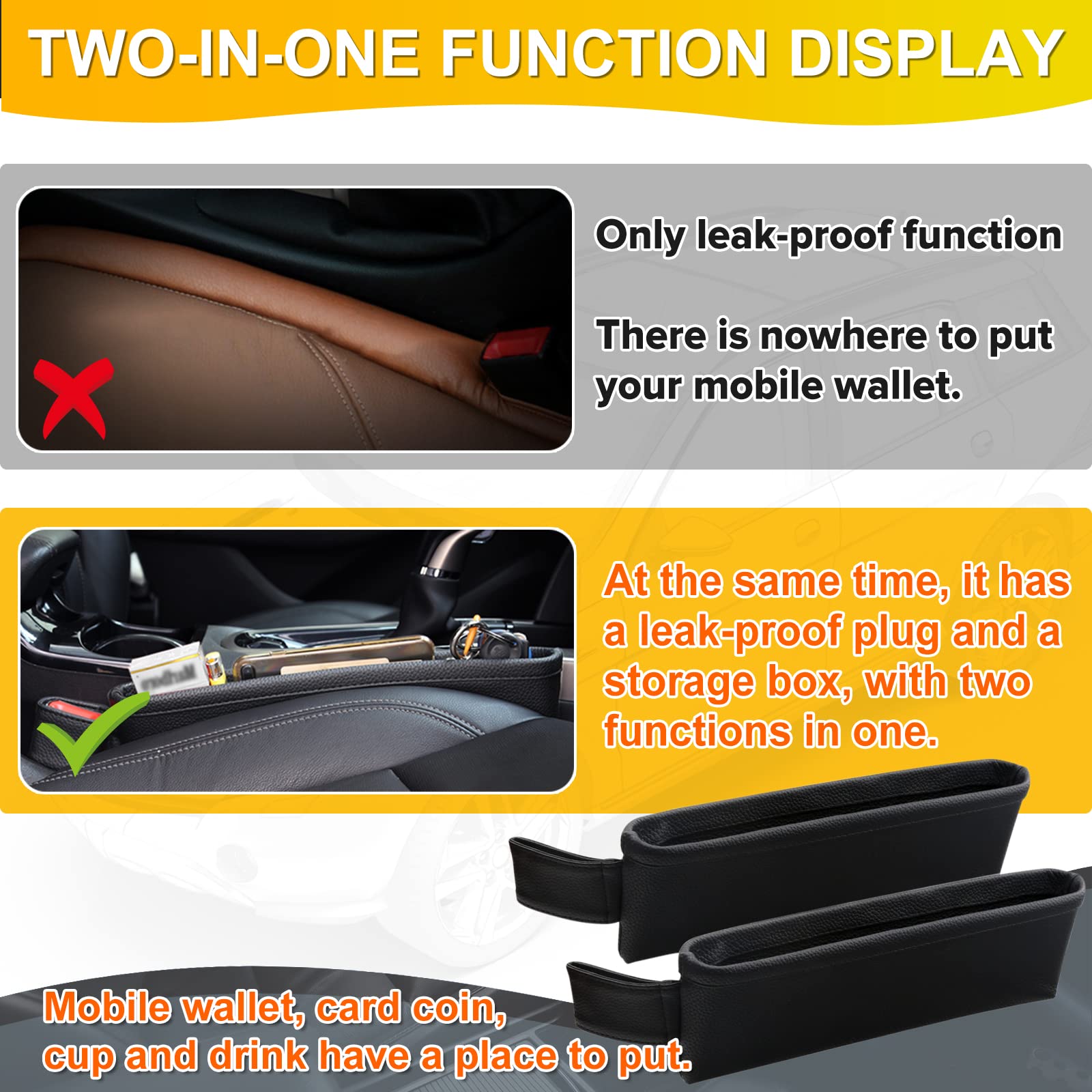 2-Pack Leather Car Seat Gap Organizers with Side Storage