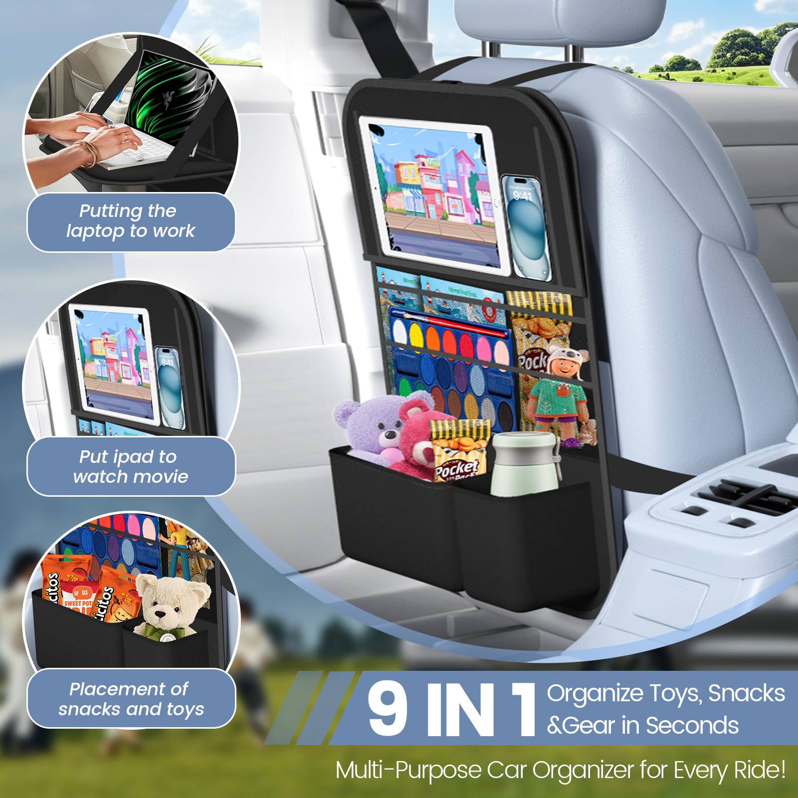 Backseat Car Organizer with Storage Pockets & Kick Mat