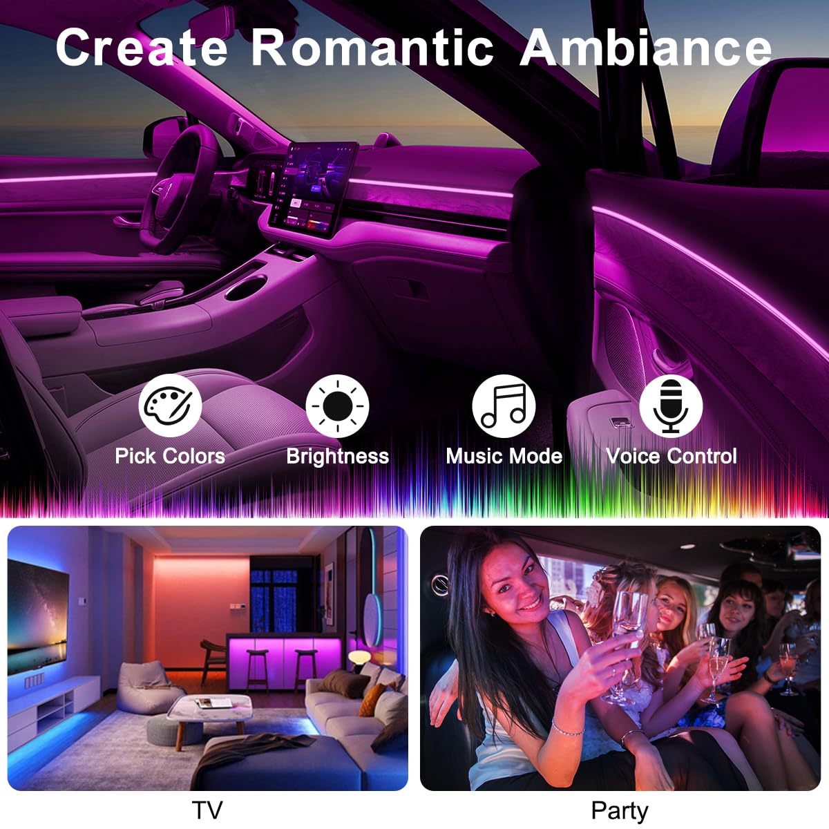 5-in-1 App-Controlled LED Strip Lights for Car Interiors