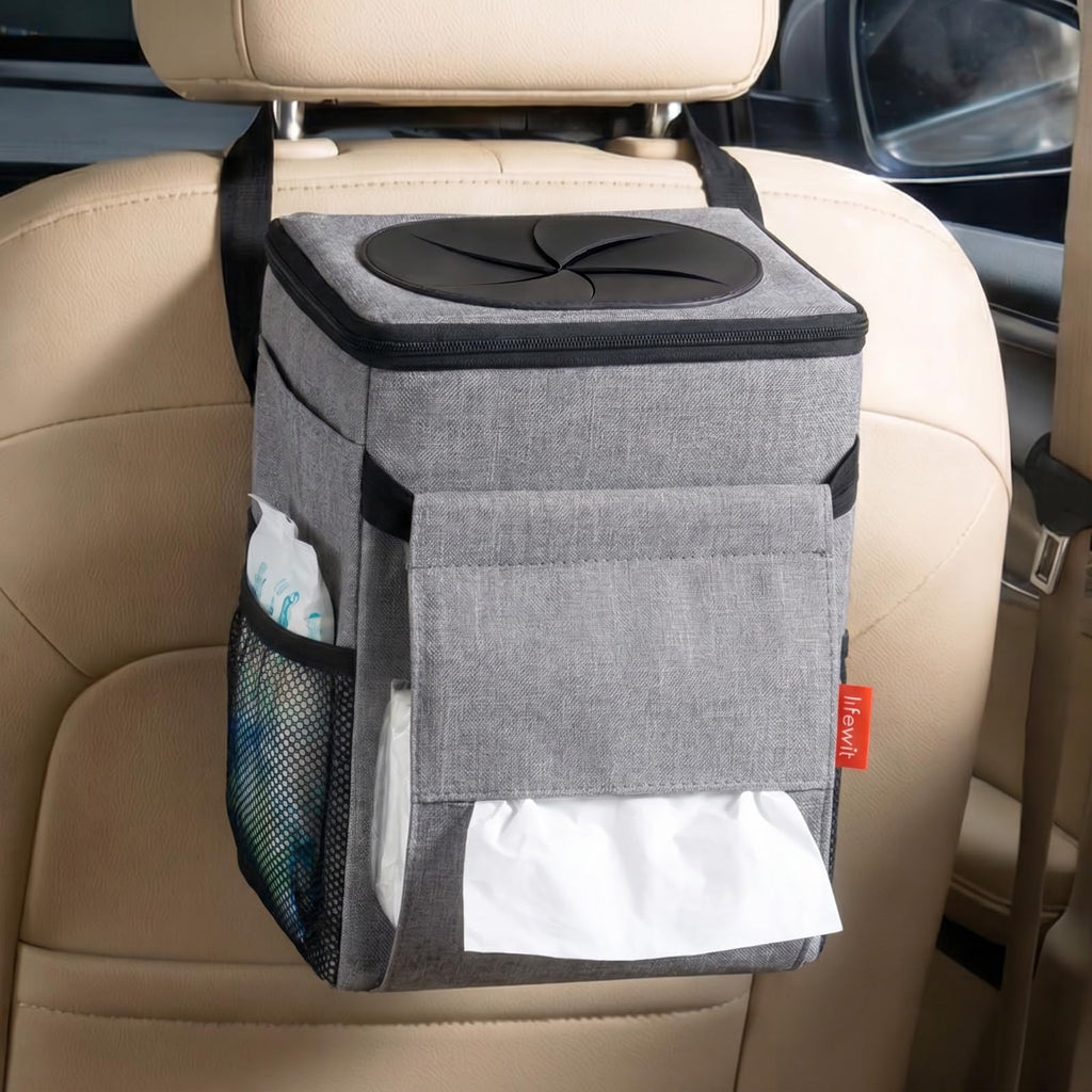 Hanging Car Trash Can with Lid & Garbage Bag Holder