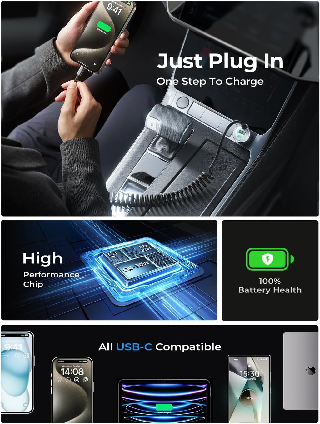 90W USB-C Fast Car Charger for iPhone & Samsung Galaxy