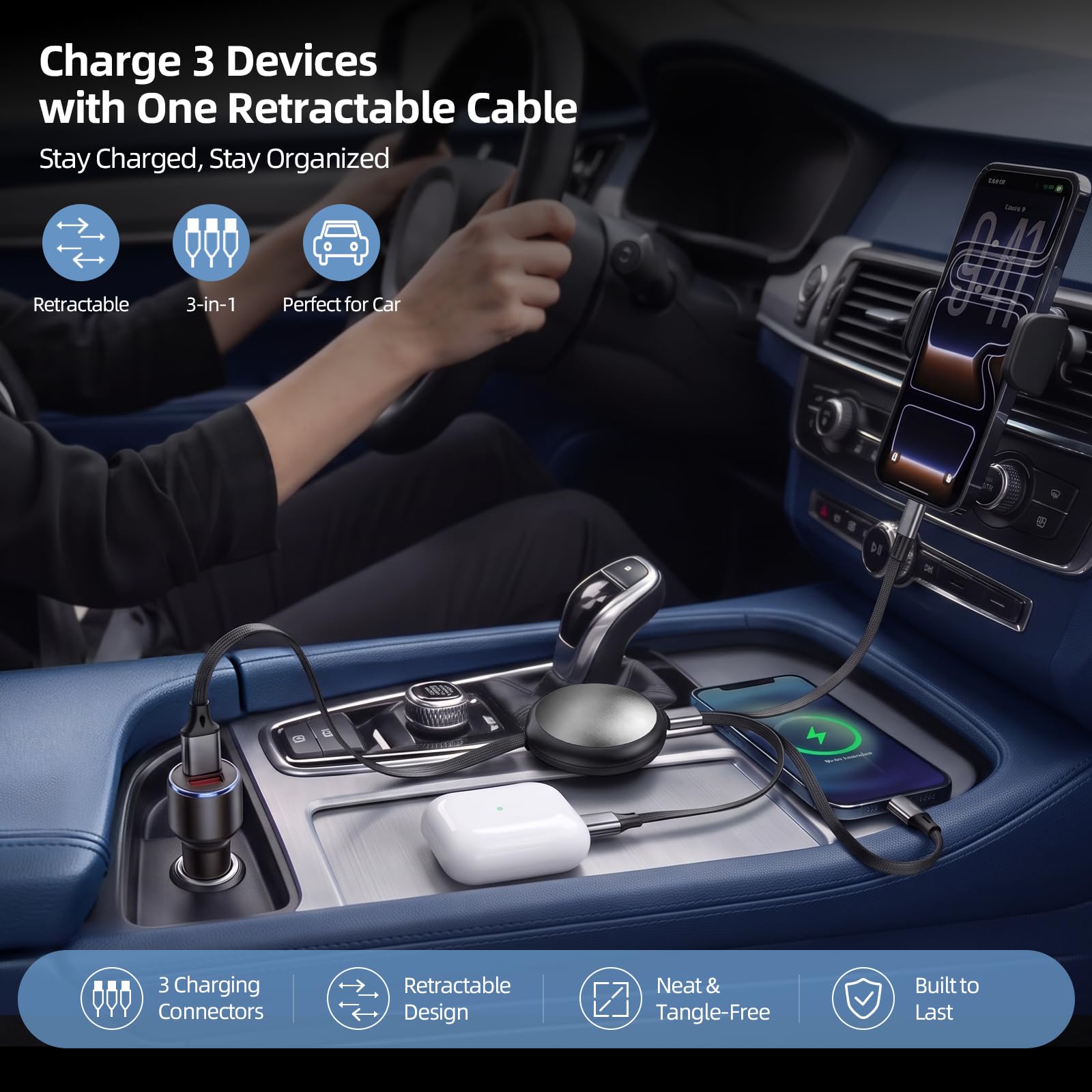 3-in-1 Retractable Multi Charging Cable with USB Ports