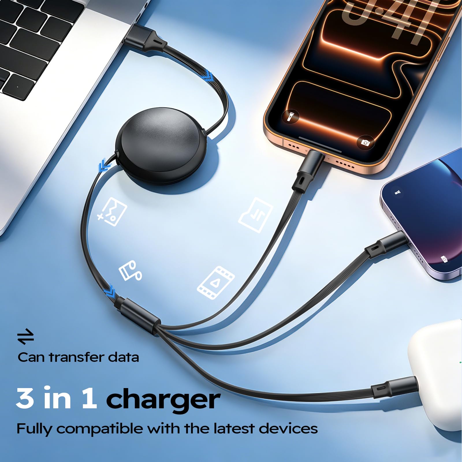 3-in-1 Retractable Multi Charging Cable with USB Ports