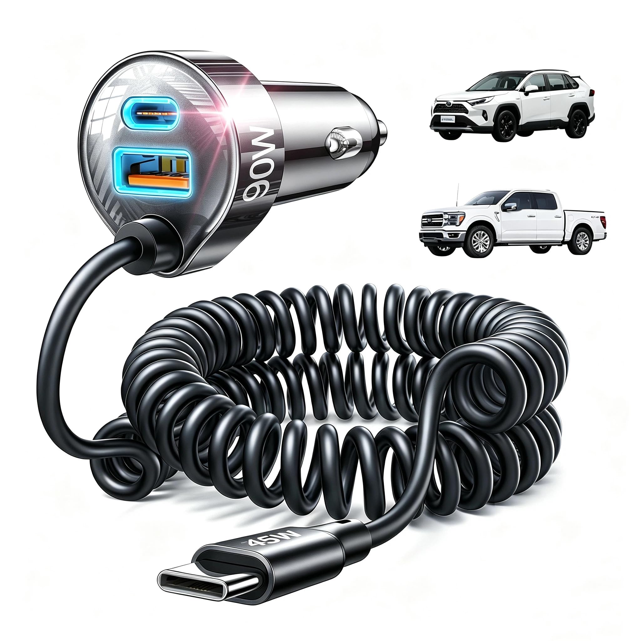 90W USB-C Fast Car Charger for iPhone & Samsung Galaxy