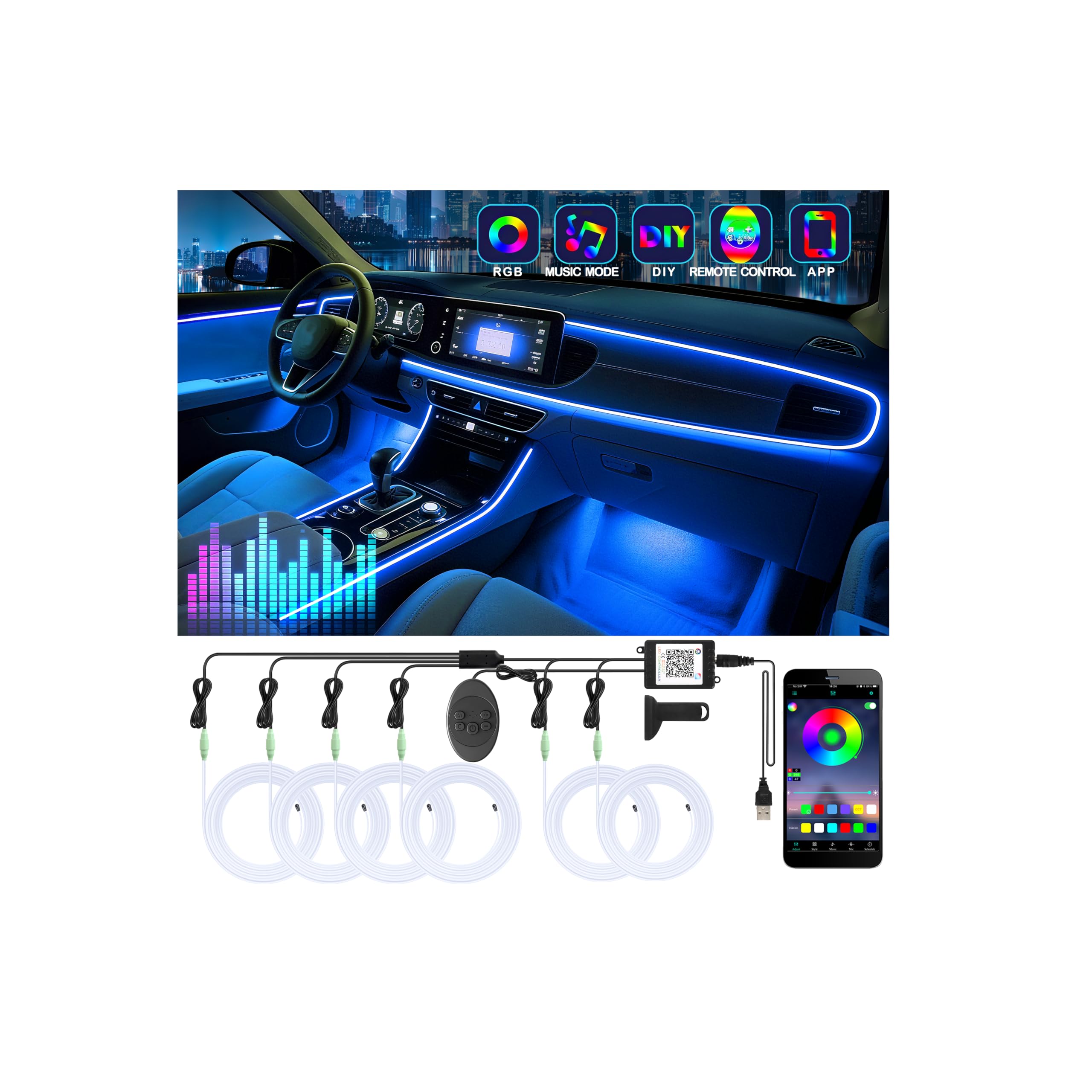 6-in-1 RGB Car Interior LED Strip Lights with App Control