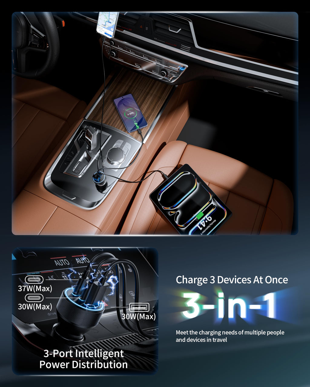 67W 3-Port Dual USB-C & USB-A Car Charger Adapter