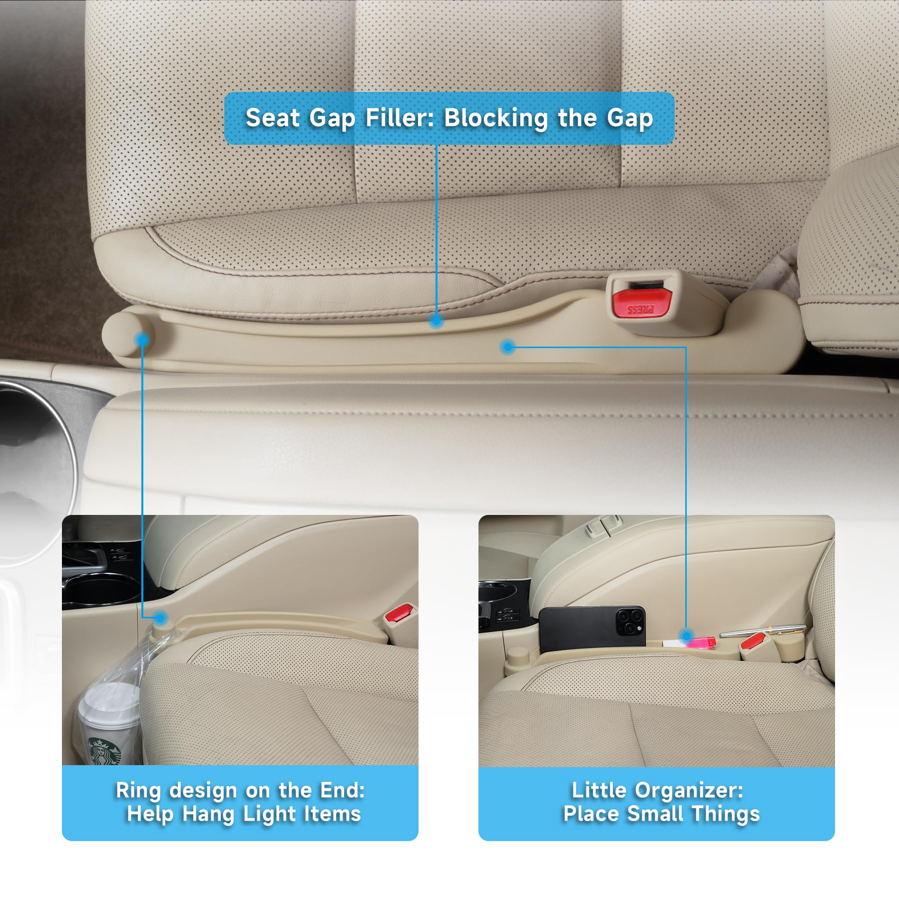 2-Pack 3-in-1 Car Seat Gap Fillers with Organizer & Hook